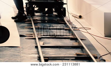 Behind The Scenes Of Production Team Setting Dolly Track.