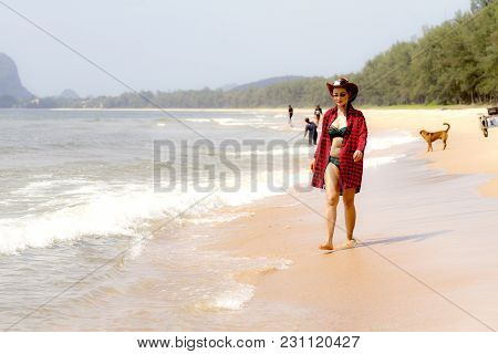 Woman Sexy And Bikini Relax Daylight On Beach At Bang Beot Beach, Chumphon Province Thailand