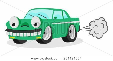 Funny Cartoon Car Auto Smile With Smoke Vector Illustration For Kids