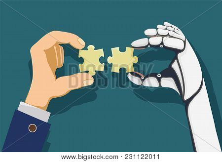 Human And A Robot Hands Holding Puzzle Pieces. Development And Innovation In Technology. Stock Vecto