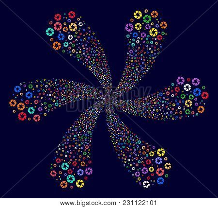 Multicolored Shutter Cycle Burst On A Dark Background. Vector Abstraction. Impressive Flower With Si