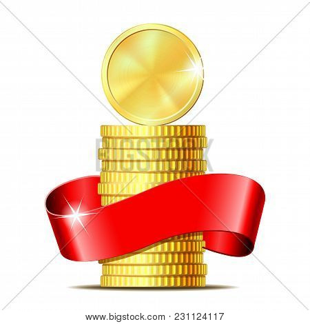 Stack Of Coins With Red Ribbon. Concept Of Pecuniary Profit, Finance Success Or Presents. Vector Ill