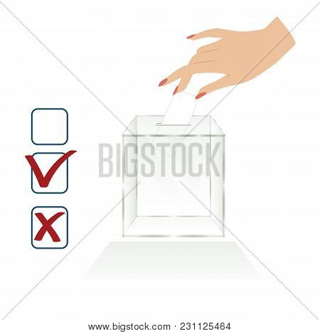 Empty Transparent Ballot Box Voting Woman's Hand Throws The Election Form For Voting Icons Isolated 