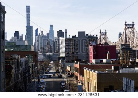 New York City, Usa Manhattan Cityscape View From Subway Station In Queens.
