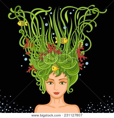 Beautiful Young Girl With Abstract Wavy Hair On A Dark Background. Woman-mermaid. Vector Colorful Il