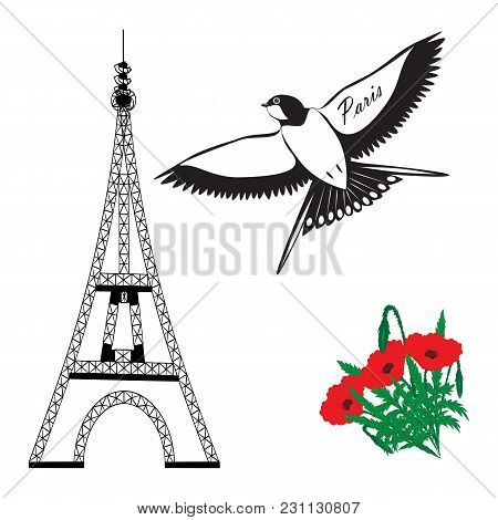 Eiffel Tower Swallow Red Poppies Inscription Paris White Background Vector Art Abstract Creative Mod