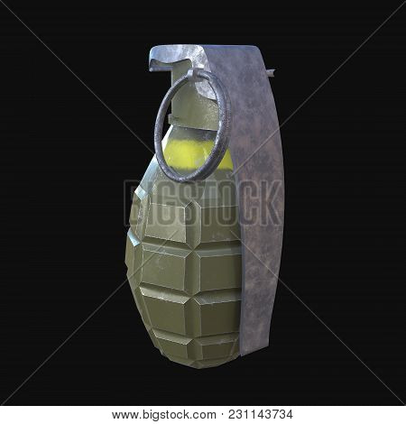 Hand Bomb Frag Grenade Green Metal With Scratches And Round Pin Over. 3d Render On Black