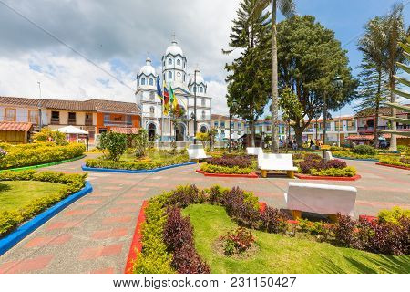 Filandia March 2018 This Is The Bolivar Square With Parish Church In Filandia, Colombia. They Are Vi