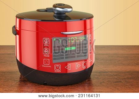 Red Automatic Multicooker On The Wooden Table. 3d Rendering