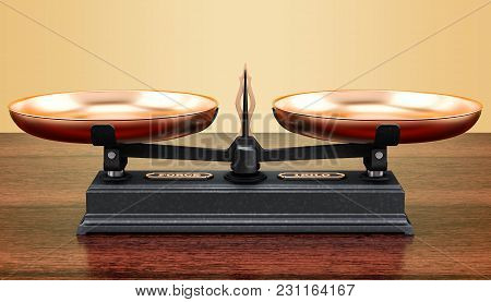 Roberval Balance, Scales On The Wooden Table. 3d Rendering
