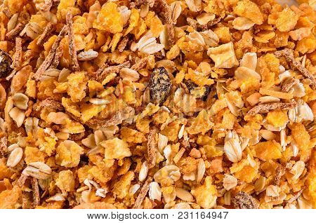 Breakfast: Texture Of Matinals Cereals, Flakes And Grains, Healthy Food Background