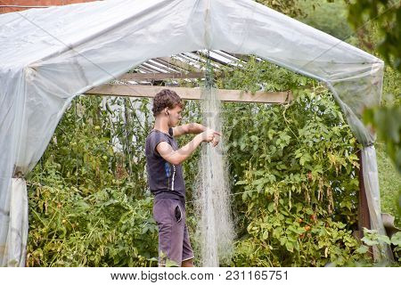 A Young Fisherman Unravels A Fishing Net. Unwinding The Fishing Net.