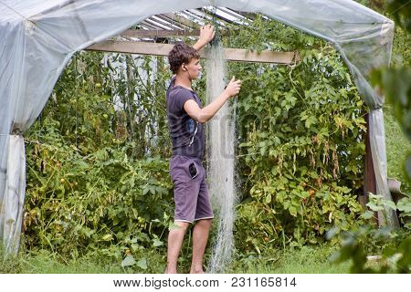 A Young Fisherman Unravels A Fishing Net. Unwinding The Fishing Net.