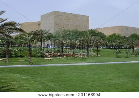 Green Park With Palms In King Abdulaziz Historical Center In Riyadh, Saudi Arabia On 04-30-2006