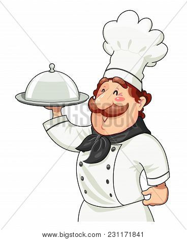 Cook With Tray For Food And Lid. Food Service. Ocupation. Cartoon Character. Isolated White Backgrou