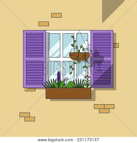 Architectural Element Window With Shutters And Flowers. Flat Style Vector Illustration