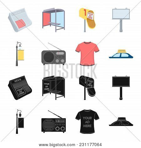 A Lamppost With A Sign, A T-shirt With An Inscription, A Radio, A Car Roof.advertising, Set Collecti