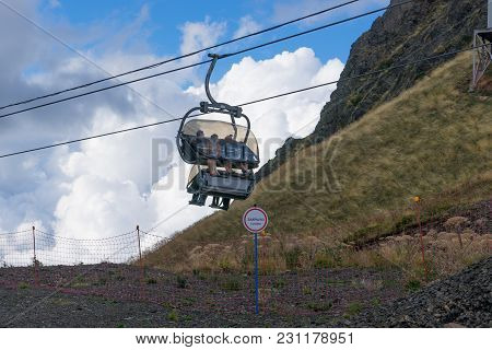 Sochi, Russia-september 30, 2017: Mountain Landscape With Rocky Slopes And The Cable Car In Krasnaya