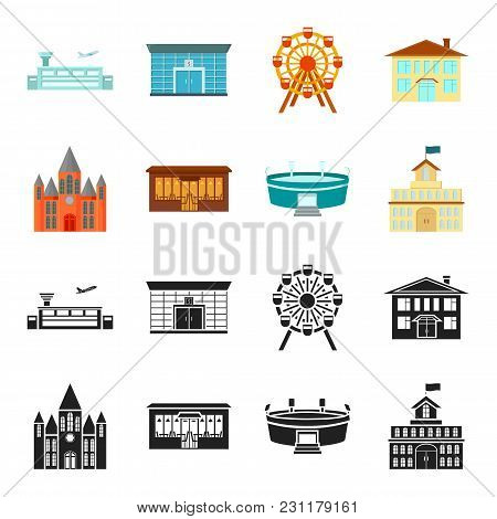 House Of Government, Stadium, Cafe, Church.building Set Collection Icons In Black, Cartoon Style Vec