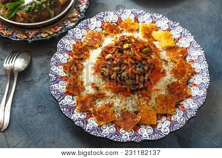 Jeweled Rice Or Shirin Polo In Traditional Plate, Close View