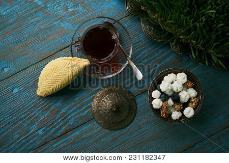 Shekerbura With Nuts And Honey. Novruz Tray With Azerbaijan National Pastry And Glass Of Black Tea O