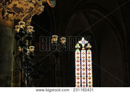 Czech Republic, Prague - September 21, 2017: Antique Vintage Candle Stand In Cathollic Church