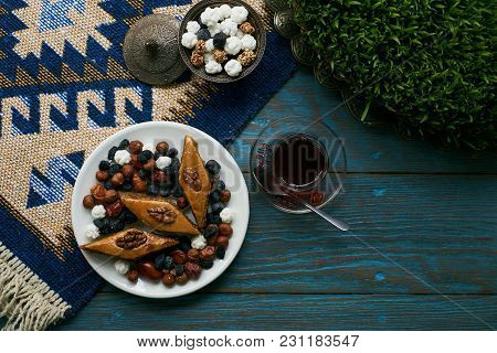 Novruz Tray Plate With Azerbaijan National Pastry Pakhlava With Sweet Snack And Glass Of Traditional