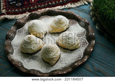 Novruz Tray With Azerbaijan Traditional Pastry Cookie Badambura On Wooden Rustic Table Background. D