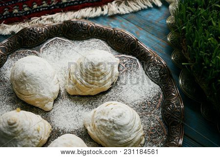 Novruz Tray With Azerbaijan Traditional Pastry Cookie Badambura On Wooden Rustic Table Background. D