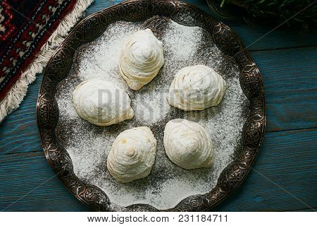 Novruz Tray With Azerbaijan Traditional Pastry Cookie Badambura On Wooden Rustic Table Background. D