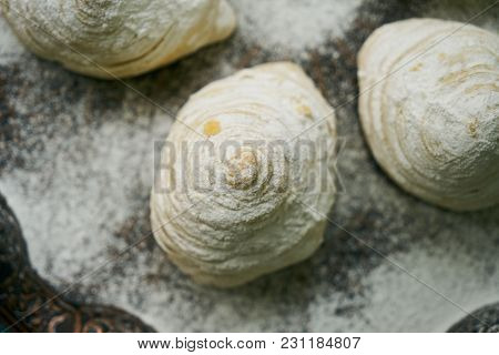 Novruz Tray With Azerbaijan Traditional Pastry Cookie Badambura On Wooden Rustic Table Background. D