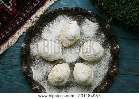 Novruz Tray With Azerbaijan Traditional Pastry Cookie Badambura On Wooden Rustic Table Background. D
