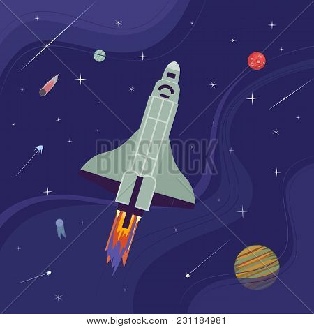 Rocket Flight Icon. Colorful Cartoon Style. Shuttle Launch. Spaceship Start Up To Outerspace Cosmos.