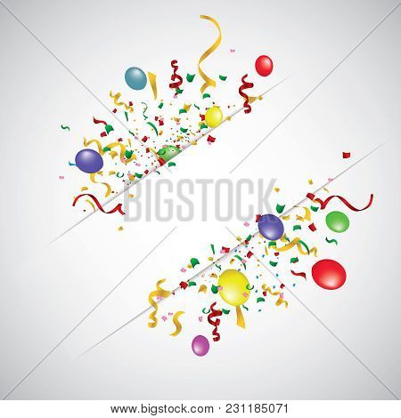 White Paper Banner, Colored Balloons And Colored Confetti. Vector File. Eps 10