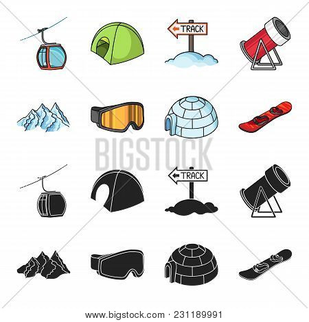Mountains, Goggles, An Igloo, A Snowboard. Ski Resort Set Collection Icons In Black, Cartoon Style V