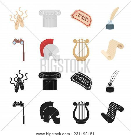 Theatrical Binoculars, A Helmet, A Harp And A Paper Scroll. The Theater Set Collection Icons In Blac