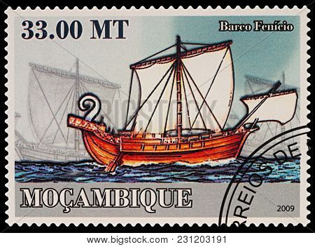 Moscow, Russia - March 14, 2018: A Stamp Printed In Mozambique Shows Ancient Phoenician Sailing Ship