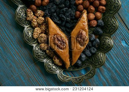 Novruz Tray With Azerbaijan National Pastry Pakhlava And Dry Snack With Nuts, Kishmish, Persimmon On