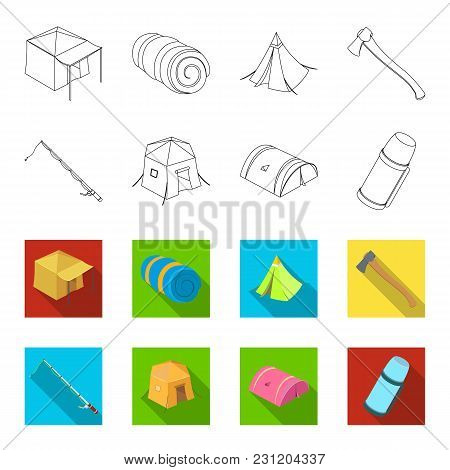 Spinning For Fishing, Tent, Thermos.tent Set Collection Icons In Outline, Flet Style Vector Symbol S