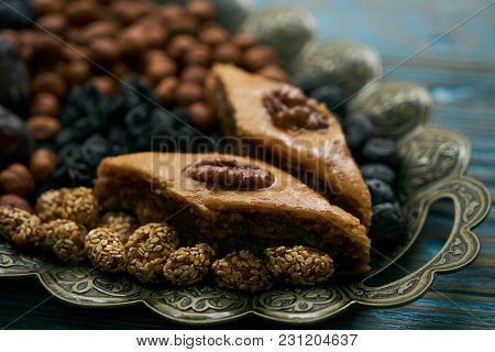 Novruz Tray With Azerbaijan National Pastry Pakhlava And Dry Snack With Nuts, Kishmish, Persimmon On