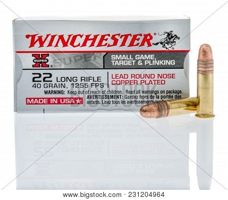 Winneconne, Wi -5 March 2018: A Box Of Winchester 22 Long Rifle Ammunition On An Isolated Background