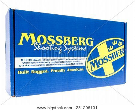 Winneconne, Wi - 7 March 2018: A Box Of A Mossberg Firearm On An Isolated Background.