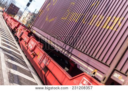 Fuerth / Germany - March 11, 2018: A European Freight Train Passes Train Station Fuerth In Germany
