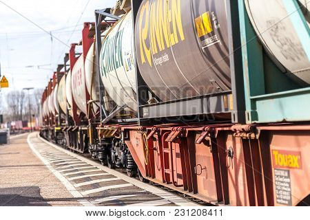 Fuerth / Germany - March 11, 2018: A European Freight Train Passes Train Station Fuerth In Germany
