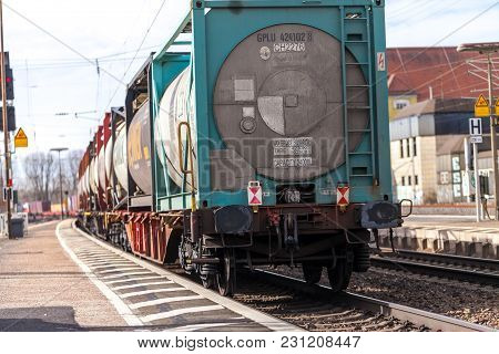 Fuerth / Germany - March 11, 2018: A European Freight Train Passes Train Station Fuerth In Germany