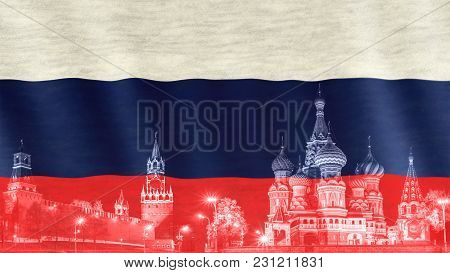 Closeup Of Russian Flag Blown In The Wind. Spasskaya Town And St Basils Cathedral Red Square Silhoue
