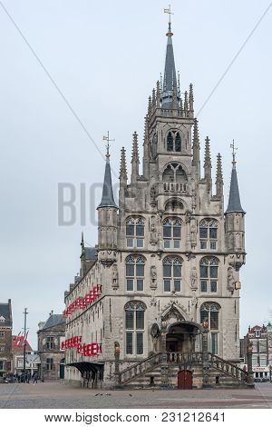 Gouda, Netherlands - March 4, 2018 : The Ancient Cityhall Of Gouda In Winter In The Netherlands