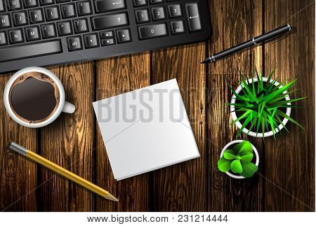 Modern Workspace Vector Set With Stationery On Wooden Background. Vector