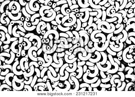 Macaroni For Background Illustration. Macaroni Texture. Pasta Top View. Black And White Pattern