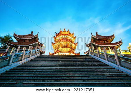 The Famous Chinese Classical Architecture Is Located On The Bank Of The Jiulong River, Weizheng Pavi